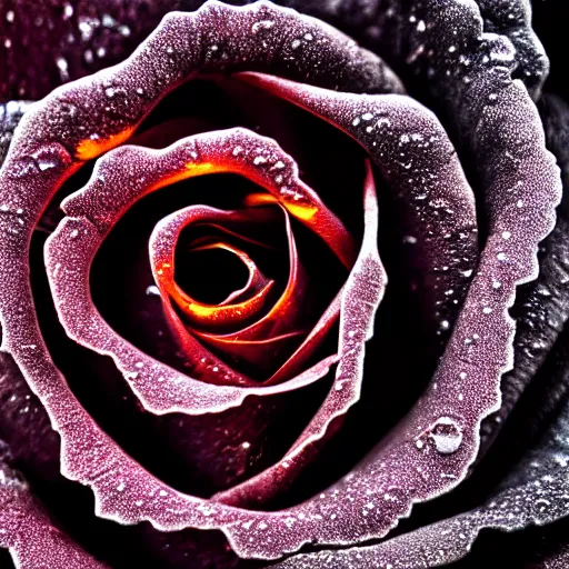 Image similar to award - winning macro of a beautiful black rose made of glowing molten magma