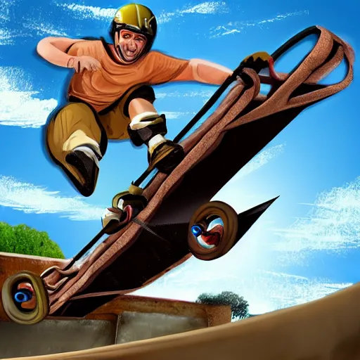 Prompt: roman chariot drawn by horse jumping a half pipe, intense, fish lense, style of Tony Hawk pro skater