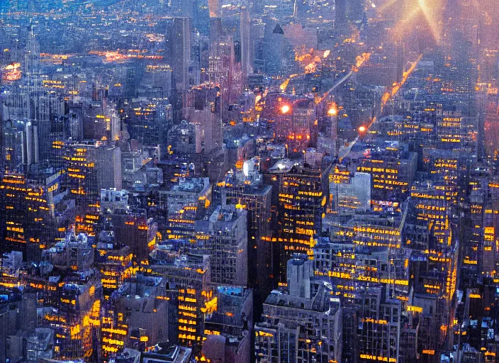 Prompt: a 2 8 mm macro aerial photo of new york city, splash art, movie still, bokeh, canon 5 0 mm, cinematic lighting, dramatic, film, photography, golden hour, depth of field, award - winning, anamorphic lens flare, 8 k, hyper detailed, 3 5 mm film grain, hazy