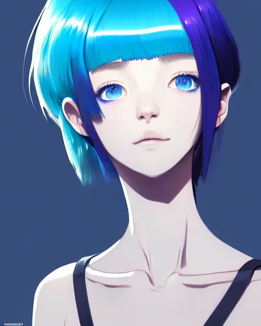 Prompt: detailed up close portrait of a beautiful blueheaded french girl in tshirt, stoned and happy, by saruei and guweiz and ilya kuvshinov and rockwell and warhol and range murata!!, magic art, sleek curves, ultra clear and sharp focus, trending on artstation hq, deviantart, pinterest, unreal engine 5, 4 k uhd image
