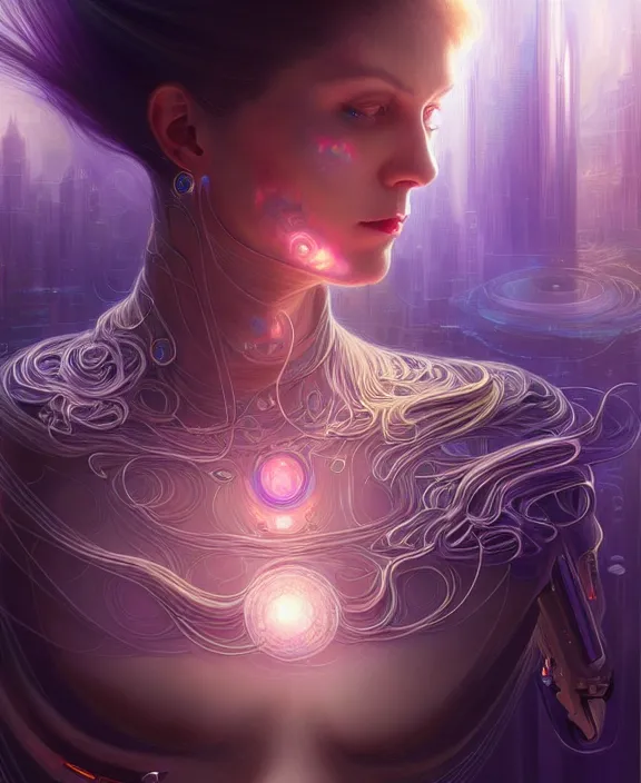 Image similar to a whirlwind of souls rushing inside the metaverse, hologram, half body, neurochip, shaved temple, piercing, jewelry, android, cyborg, cyberpunk face, by loish, d & d, fantasy, intricate, elegant, highly detailed, colorful, digital painting, artstation, concept art, art by artgerm and greg rutkowski and alphonse mucha