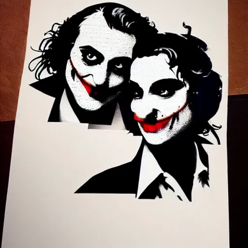 Image similar to mimmo rottela and banksy as joaquin phoenix skinny joker holding hand lady gaga harley queen, photorealistic, intricate details, pop art style, baroque, hyperdetailed, concept art, ultrarealistic, 3 colors