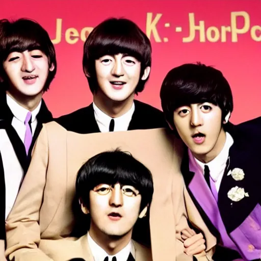 Prompt: The Beatles as Kpop idols. K-Pop idol John Lennon. K-Pop idol Paul McCartney. K-Pop idol George Harrison. K-Pop idol Ringo Starr.