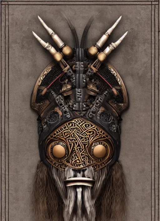 Prompt: traditional viking steampunk tribal dj mask. a matte symmetrical portrait. award winning found object at the tate modern art gallery. style of rhads and anato finnstark