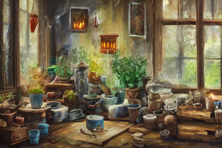 Image similar to expressive rustic oil painting, interior view of a cluttered herbalist cottage, waxy candles, wood furnishings, herbs hanging, light bloom, dust, ambient occlusion, rays of light coming through windows, dim lighting, brush strokes oil painting