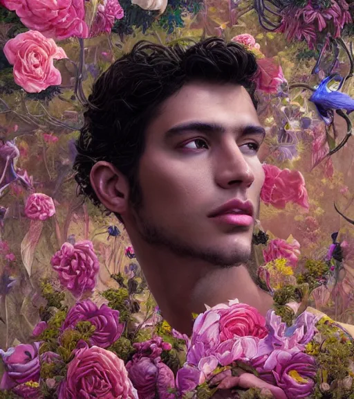 Image similar to portrait of a very handsome peruvian male model, surrounded by flowers by karol bak, james jean, tom bagshaw, rococo, trending on artstation, cinematic lighting, hyper realism, octane render, 8 k, hyper detailed.