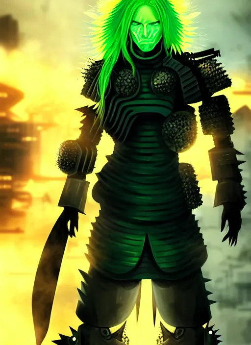 Prompt: a striking cinematic full body manga portrait of a male warrior with long blonde hair and blue eyes wearing evil green spiked cyberpunk armour and standing in the desolate burning ruins of a futuristic city by hirohiko araki and beeple, fine details, digital art, character concept art, volumetric lighting, cinematic light