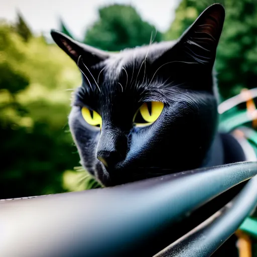 Prompt: happy black cat on a rollercoaster looping. focus on the cat. sunlight. canon eos r 3, f / 1. 4, iso 2 0 0, 1 / 1 6 0 s, 8 k, raw, unedited, symmetrical balance, in - frame.