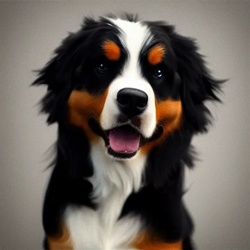 Image similar to portrait of a cute bernese dog, art by elke vogelsang, 8 k ultra realistic, trending on artstation, 4 k, hyperrealistic, focused, extreme details, unreal engine 5, cinematic, masterpiece