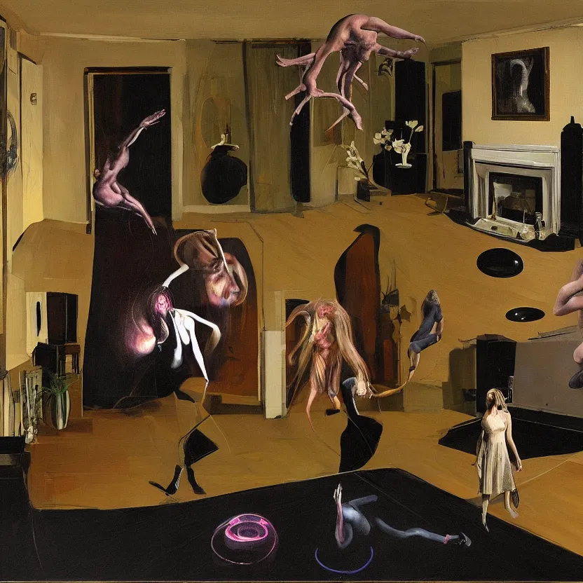 Image similar to Realistic image of a man and woman start to bounce in a living room of a house, floating dark energy surrounds the middle of the room. There is one living room plant to the side of the room, surrounded by a background of dark cyber mystic alchemical transmutation heavenless realm, by francis bacon and Jenny seville, midnight hour, part by adrian ghenie, part by jeffrey smith, part by josan gonzales, part by norman rockwell, part by phil hale, part by kim dorland, artstation, highly detailed