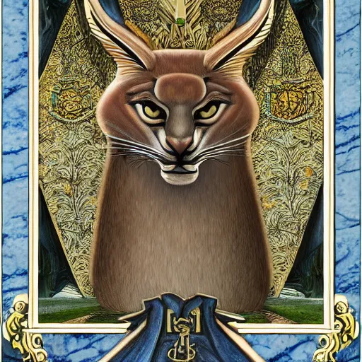 Prompt: a masterpiece hyperdetailed dnd tarot card, magnificent olive laurel wreaths as depicted in a colossal cute caracal marble statue, hd tarot card depicting monumental statue of a cute caracal hdr, 8 k, artstationhq, digital art