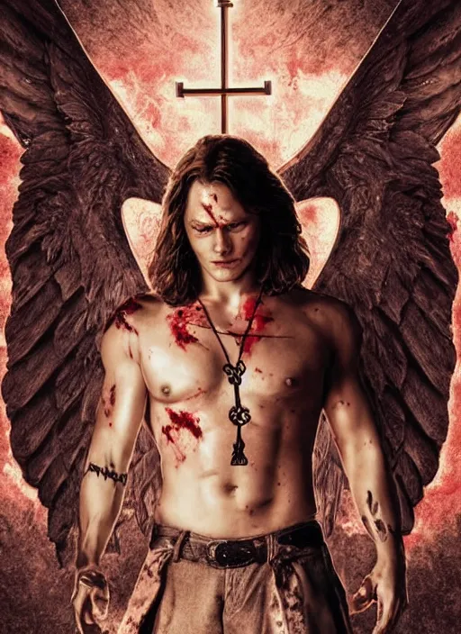 Image similar to Sam Winchester as a half-muscular half-blood angel with a big cross pendant and religious tattoos on chest and neck, stained and bleeding, magic overlays, magic flames, open portal with runes in the background, romance book cover style, D&D illustration style, (octane render) fantasy style, sharp focus, ultra detailed, art by Artgerm and Peter Andrew Jones, Ayami Kojima, Amano and Olivier Ledroit