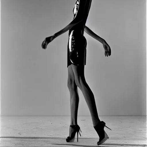 Image similar to a highly detailed unreal engine symmetric portrait of a long legged freaky goddess in a latex dress in an endless galaxy, henry cartier bresson