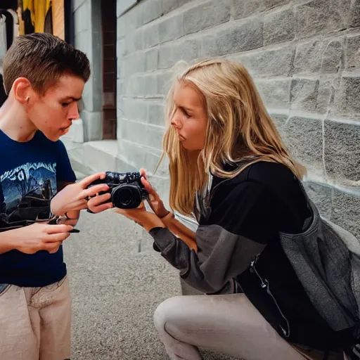 Prompt: young male photographer and young blonde female photographer comparing photos of small town real life, 8 k, 4 k uhd, realistic, hyper realistic, super detailed, very detailed, detailed