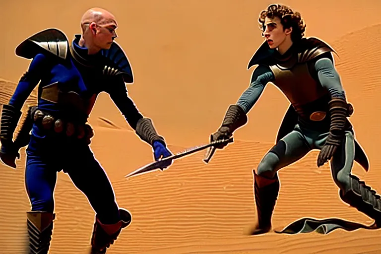 Image similar to a dagger-fight between bald_ominous_brooding_Austin_Butler_as_Feyd-Rautha_Harkonnen against Timothee_Chalamet_as_Paul_Atreides, in an arena fight-pit in movie Dune-2021, golden ratio, clear gaze, detailed eyes