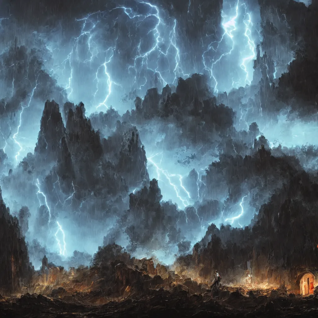 Image similar to a still of a cloaked figure standing in the ruins of crux prime, monastery, there is lightning, blue fiery maelstrom in the distance, it is raining, digital art, artstationhq