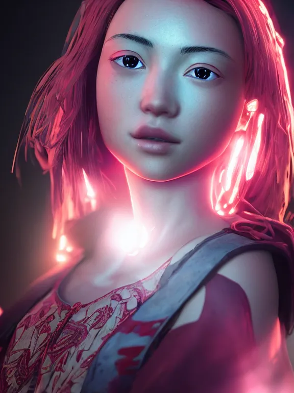 Prompt: portrait art of Ruby Kurosawa 8k ultra realistic , lens flare, atmosphere, glow, detailed,intricate, full of colour, cinematic lighting, trending on artstation, 4k, hyperrealistic, focused, extreme details,unreal engine 5, cinematic, masterpiece