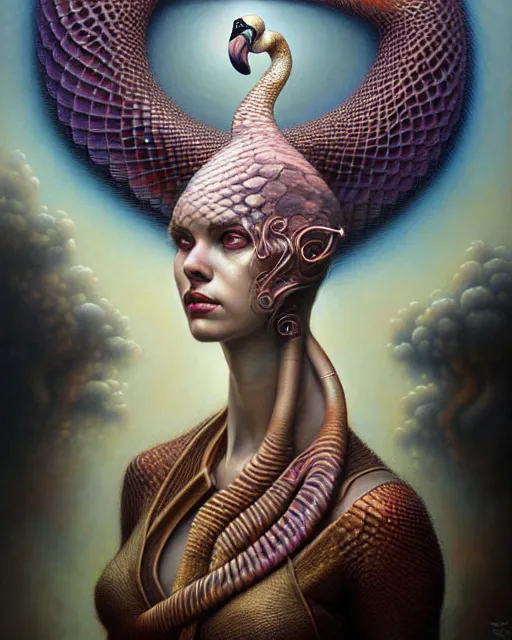 Image similar to a detailed portrait of dreampunk flamingo python hybrid mix beautiful! goddess by tomasz alen kopera and peter mohrbacher