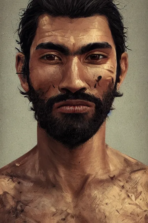 Prompt: very detailed portrait of a rugged brazilian man in his early thirties, strong jaw, shaved face, ( ( deep black eyes ) ), ( ( ( slight asian - latino features ) ) ), strong nose pointing down, earthy color scheme, by wlop and tyler oulton, detailed eyes, starry background, trending, on artstation.