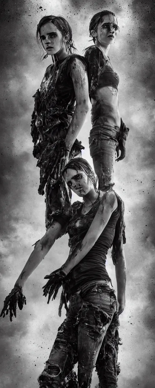 Image similar to twin sisters Emma Watson action poses dishevelled photorealistic portrait grimy sweating wet face dirty t-shirt and torn jeans in broken biomechanical fractal armour abandoned exploding sci-fi gas station, dark and dim atmospheric smog trending on artstation 8k matte painting, dramatic lighting, dramatic shadows professional photograph by Herb Ritts