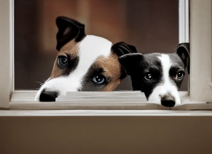 Image similar to photography of a Jack Russel . watching outside the window. on a bed. in a 70's room full of vinyls and posters, photorealistic, award winning photo, 100mm, sharp, high res