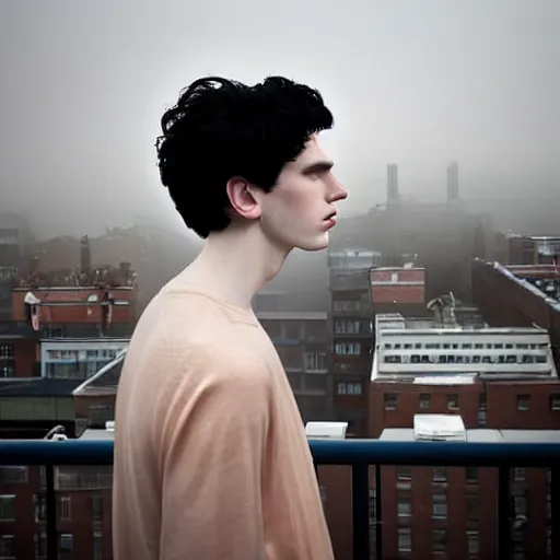 Image similar to un ultra high definition studio quality photograph portrait of a pale young man with black hair standing on the rooftop of an apartment building in cardiff wearing eclectic clothes looking away from the camera. wide angle. morning. art directed. clear. fog. three point light. extremely detailed. golden hour, golden ratio, ray tracing, volumetric light, shallow depth of field.