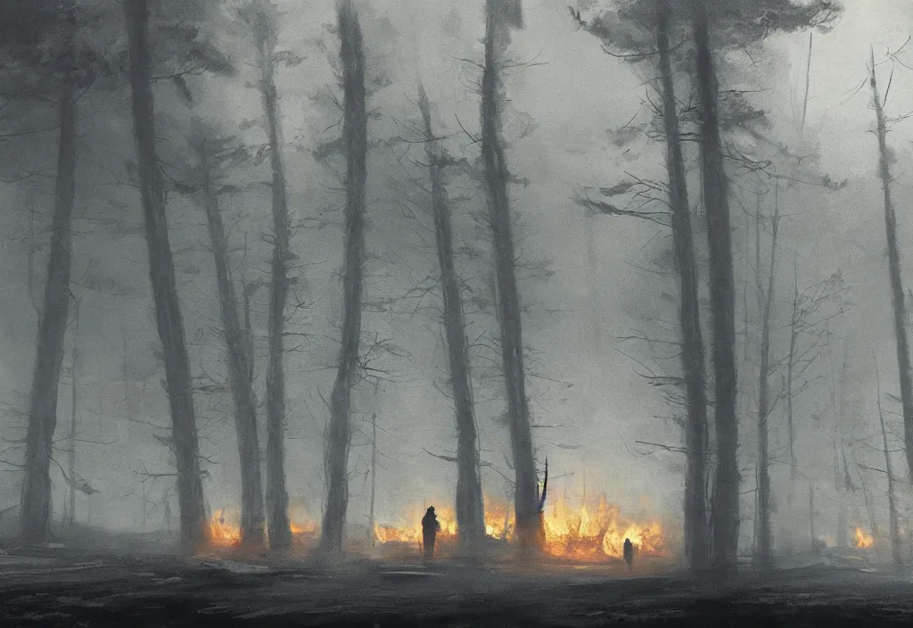 Image similar to the silhouette of a man in trench coat in front of a large burning wooden cabin, night, foggy, gloomy, mysterious, artstation, jakub rozalski, high detail