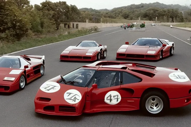 Image similar to vintage archival race footage of a single 1995 Ferrari F40, with elements of the De Tomaso Pantera, Lotus, GT40, BMW M1, and Countach, movie still, speed, cinematic Panavision 5384 film