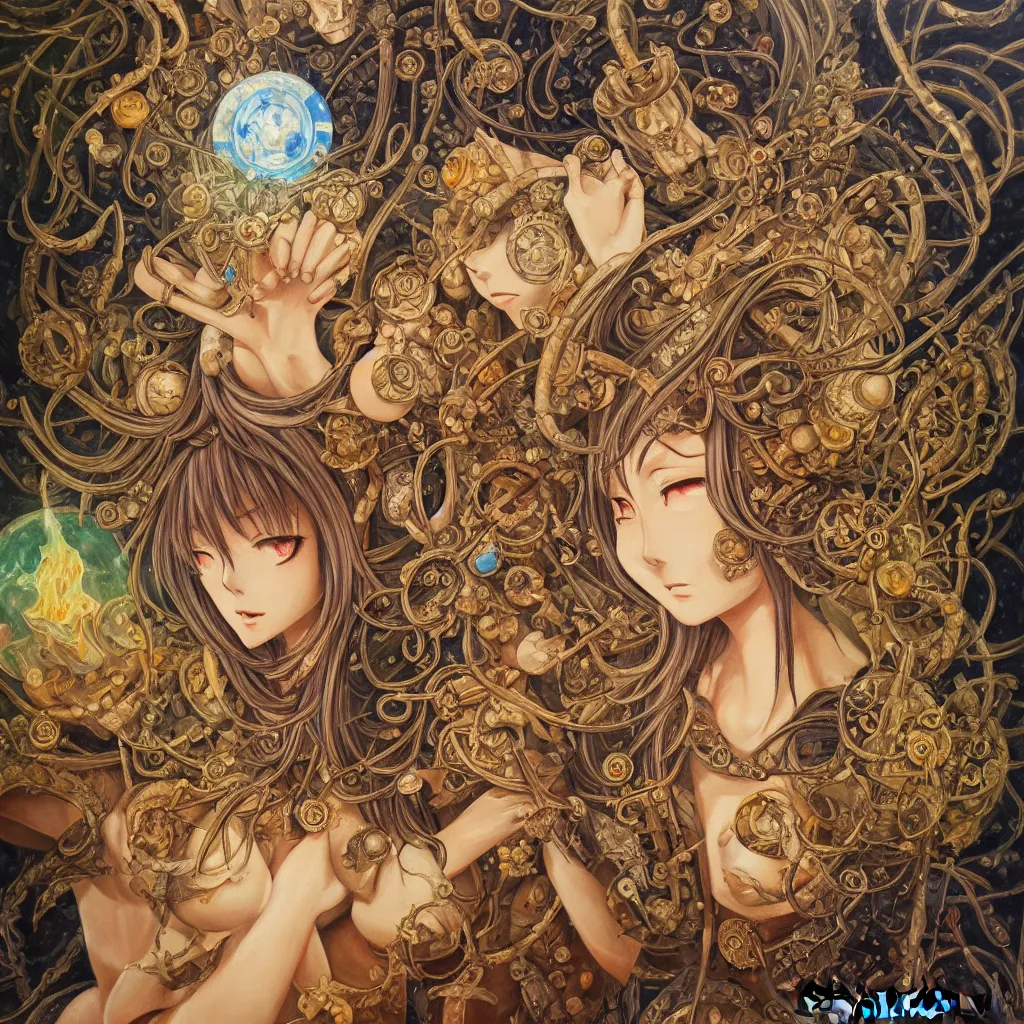 Image similar to Realistic oil painting of alchemical artefact inspired by evangeleon anime, intricate detailed oil painting, detailed illustration, oil painting, painterly feeling, centric composition singular character