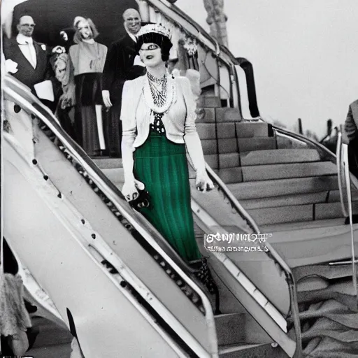 Image similar to a medium full shot, vintage historical fantasy 1 9 3 0 s kodachrome slide german and eastern european mix of a photographic portrait of the queen attending a royal tour. she is shown descending a staircase from a luxurious plane, waving to the crowd below. she is donning a pencil skirt and peplum jacket in a green skirt suit.