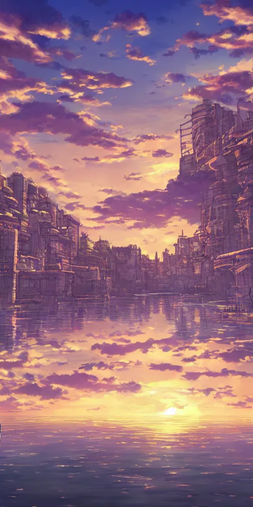 Prompt: a serene digital art of sunset, a metropolis beside the river, by studio ghibli and hayao miyazaki, highly - detailed, anime, unreal engine, deviantart