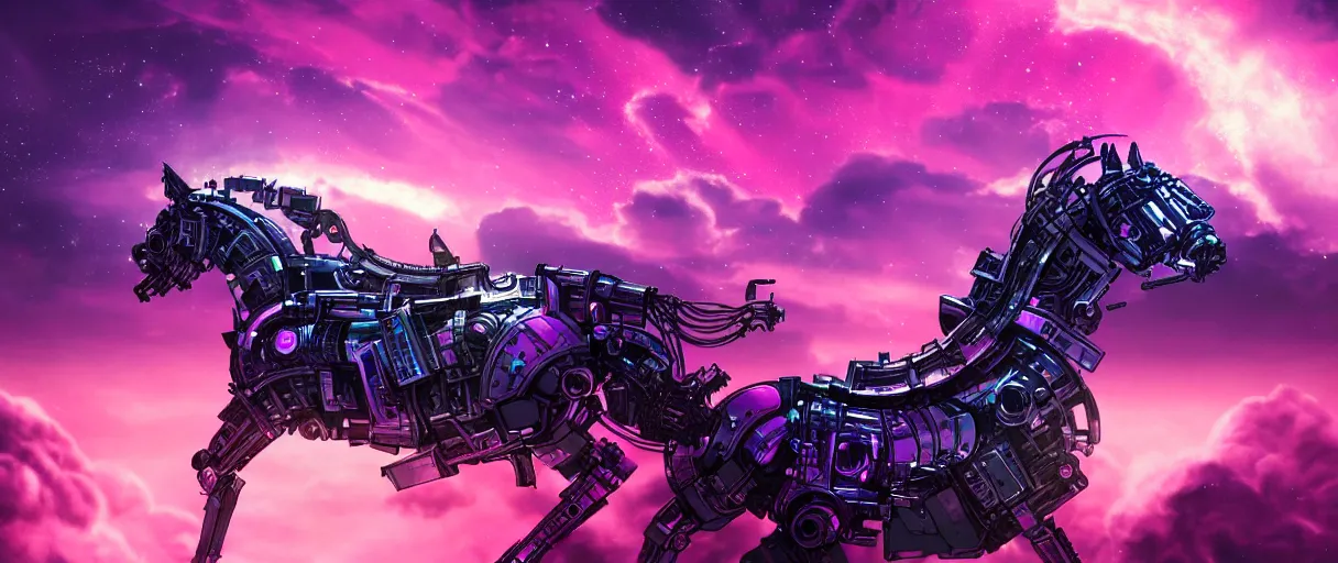 Image similar to space, a mechanical horse with a pink mohawk drives a pirate spaceship, punk, hyperdetailed illustration, stars, pink, neon, oil painting, rich deep colors masterpiece, ultra detailed, contrast, heaven pink, clouds, volumetric light, atmospheric lighting, dramatic, cinematic, moody, octane render 4 k, 8 k