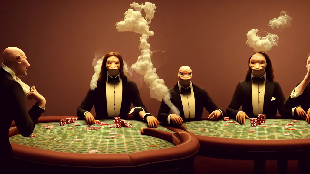 Image similar to hyperrealism simulation highly detailed human turtles'wearing detailed tuxedos and smoking, playing poker in surreal scene from renaissance movie from future by wes anderson and denis villeneuve and mike winkelmann rendered in blender and octane render