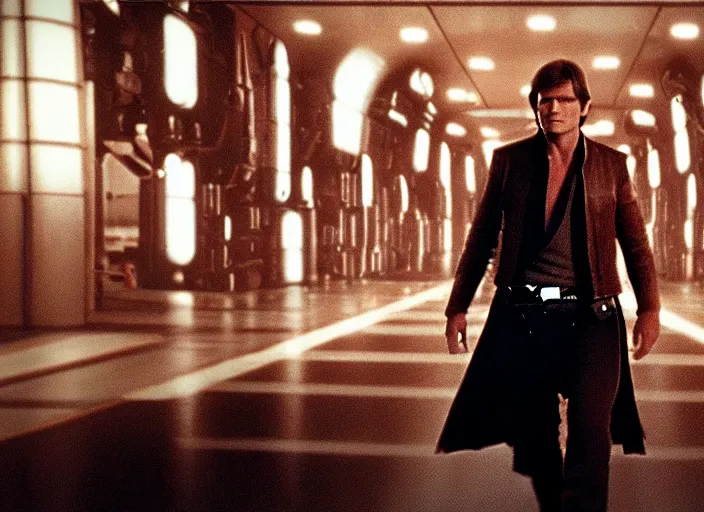 Prompt: screenshot of Han Solo dressed up as an imperial, iconic scene from 1970s spy thriller film directed by Stanley Kubrick, in a sci-fi shipping port, last jedi, 4k HD, cinematic lighting, beautiful portraits of Harrison Ford, moody, stunning cinematography, anamorphic lenses, kodak color film stock