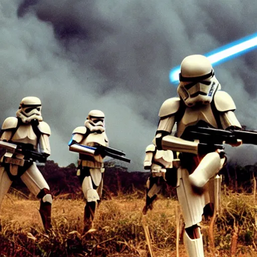 Image similar to star wars clone troopers combat soldiers in vietnam, photo, old picture, lush landscape, jungle, firearms, explosions, helicopters, aerial combat, active battle zone, flamethrower, air support, jedi, land mines, gunfire, violent, star destroyers, star wars lasers, sci - fi, jetpacks, agent orange, bomber planes, smoke, trench warfare