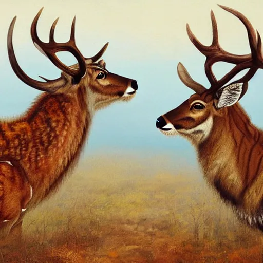 Prompt: a painting of deer in tiger skin and tiger in deer skin facing each other, their heads bowed towards ground by esao andrews