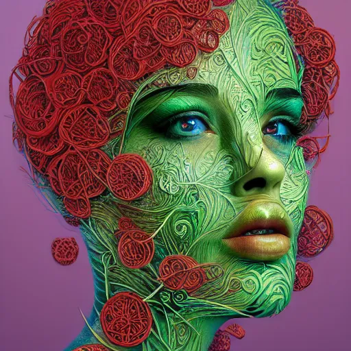 Prompt: the face of an incredibly beautiful and elegant woman partially made of tomatoes and grass, an ultrafine detailed illustration by james jean, final fantasy, intricate linework, bright colors, behance contest winner, vanitas, angular, altermodern, unreal engine 5 highly rendered, global illumination, radiant light, detailed and intricate environment