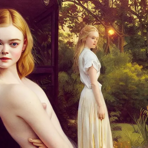 Prompt: Elle Fanning, head and shoulder masterpiece, next to a pool, golden hour, in a garden, artstation, by J. C. Leyendecker and Peter Paul Rubens,