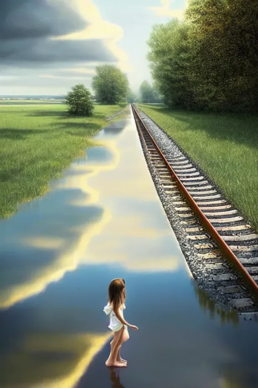 Prompt: shallow reflective water completely covers submerged invisible train tracks as a barefoot girl carries her shoes, there is a train station in the distance and large white clouds on a wide horizon, intricate, elegant, highly detailed, digital photo, artstation, concept art, smooth, sharp focus, art by artgerm and greg rutkowski and fra angelico