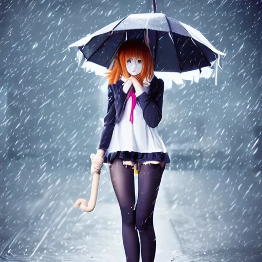 Image similar to anime girl in copron tights, in full growth, beautiful appearance, curly hair, holding an umbrella and it's raining, beautiful figure