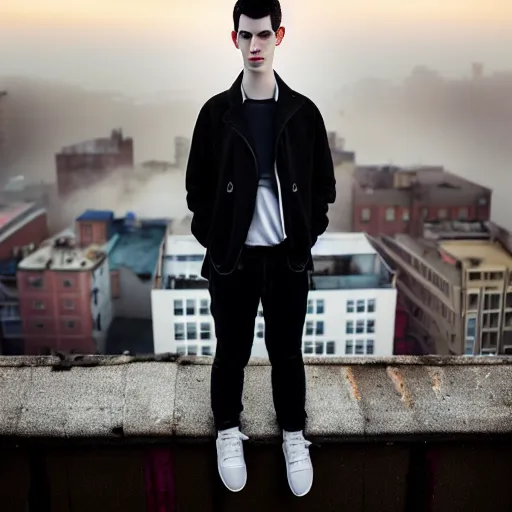 Image similar to un ultra high definition studio quality photograph portrait of a pale young man with black hair standing on the rooftop of an apartment building in cardiff wearing eclectic clothes looking away from the camera. wide angle. morning. art directed. clear. fog. three point light. extremely detailed. golden hour, golden ratio, ray tracing, volumetric light, shallow depth of field.