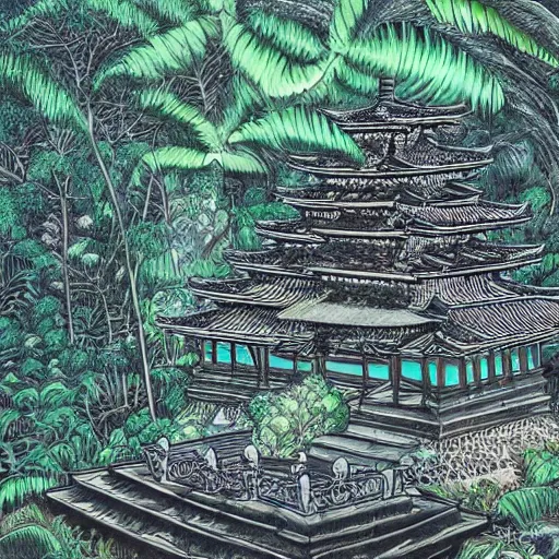 Image similar to a giant mystical temple in the middle of a rainforest, beautiful brushlines, japanese ink