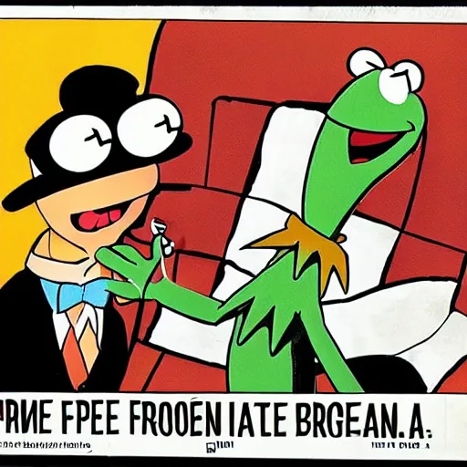 Image similar to kermit the frog fighting pee wee herman,