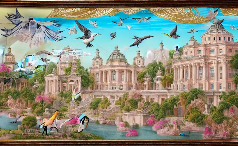 Prompt: building along a river, seen from the long distance, sharp focus. matte paper and hyperdetailed embroidery fabric collage. huge flamish baroque maximalist birds flying. highly detailed childrenbook illustration in soft natural pastel tones.