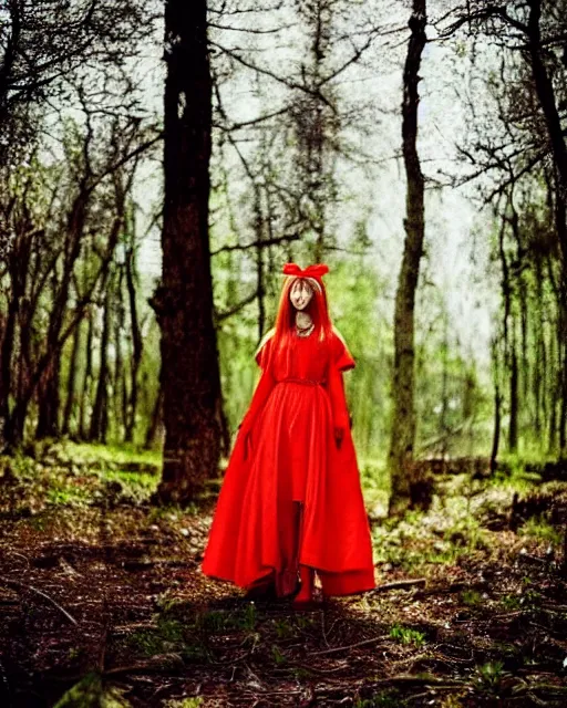 Image similar to dreamy tiktok iPhone photo of beautiful Asuka Langley from evangelion dressed as a slavic priestess in holy birch forest in spring, 35mm, cinematic, trending on Instagram, 8k, 4k