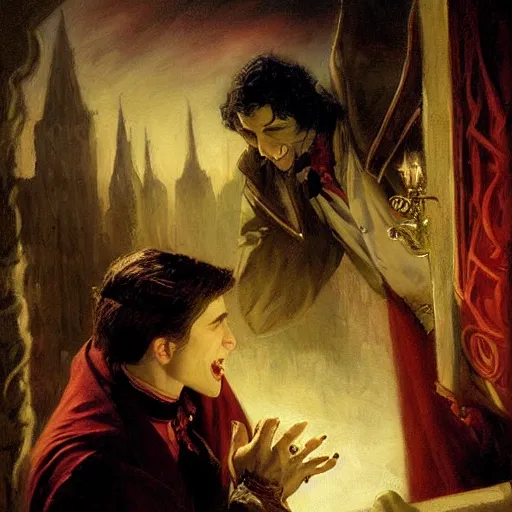 Image similar to attractive male, arthur pendragon confesses his love to attractive male dracula the vampire. highly detailed painting by gaston bussiere, craig mullins, j. c. leyendecker 8 k