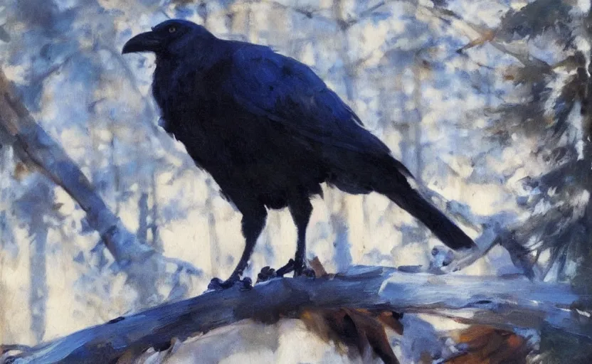 Image similar to oil painting by anders zorn, closeup crow in forest, very very very very beautiful art, dramatic light, strong shadows, shiny blue black feathers