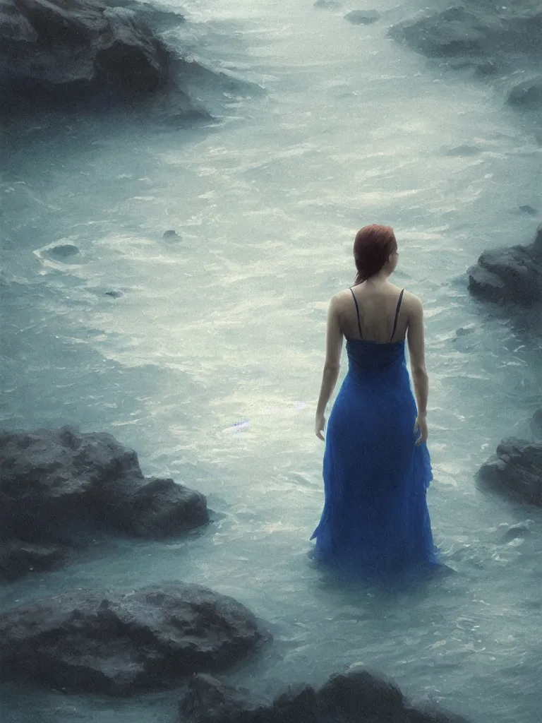 Image similar to a vintage photo of one sad female standing in the river, gloomy, strong subsurface scattering, cobalt blue gemstones floating in the river, art by greg rutkowski