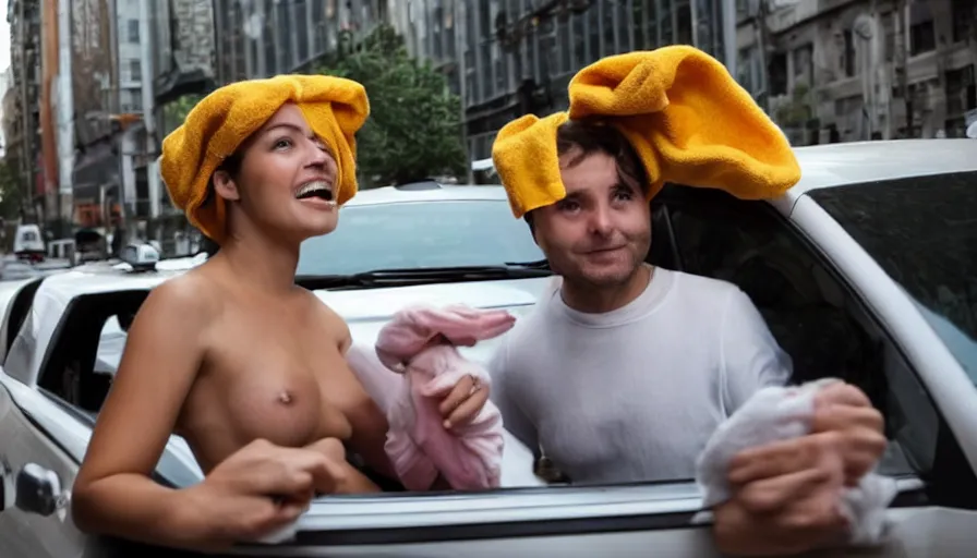 Image similar to an attractive, pig - nosed, bucktoothed woman hails a cab driven by a man with a towel on his head who is unshaven, dirty, and disheveled.