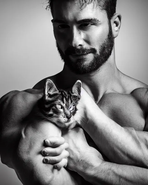 Image similar to muscular man holding a kitten in his hand, vaperwave background, color studio portrait, golden ratio, backlit, detailed eyes